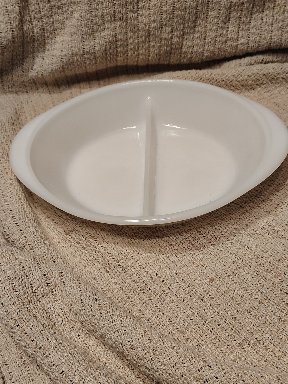 Glasbake Milk Glass White Oval Divided Baking Dish - Vintage